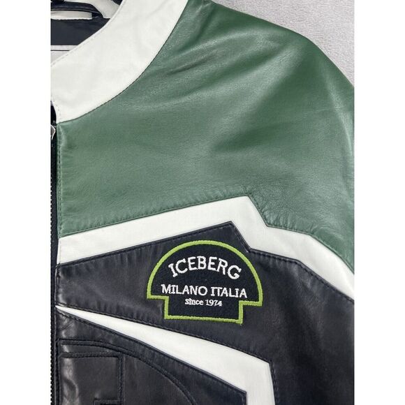 ICEBERG Leather Biker Jacket Size EU 44 Full Zip Men’s Jacket Green Black - Picture 6 of 16